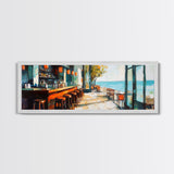 Coastal Beach Bar Framed Canvas Print Modern Seaside Cafe Painting, Coastal Kitchen Wall Art, Tropical Decor, Ocean View Artwork