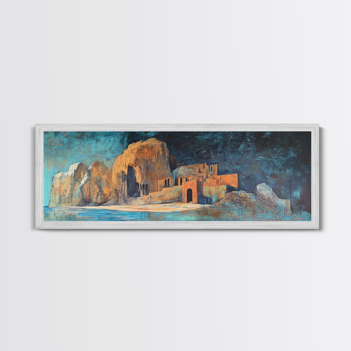 Ancient Ruins Canvas Print Rustic Landscape Wall Art, Mediterranean Decor, Boho Earthy Art, Dark Blue and Orange, Living Room Artwork