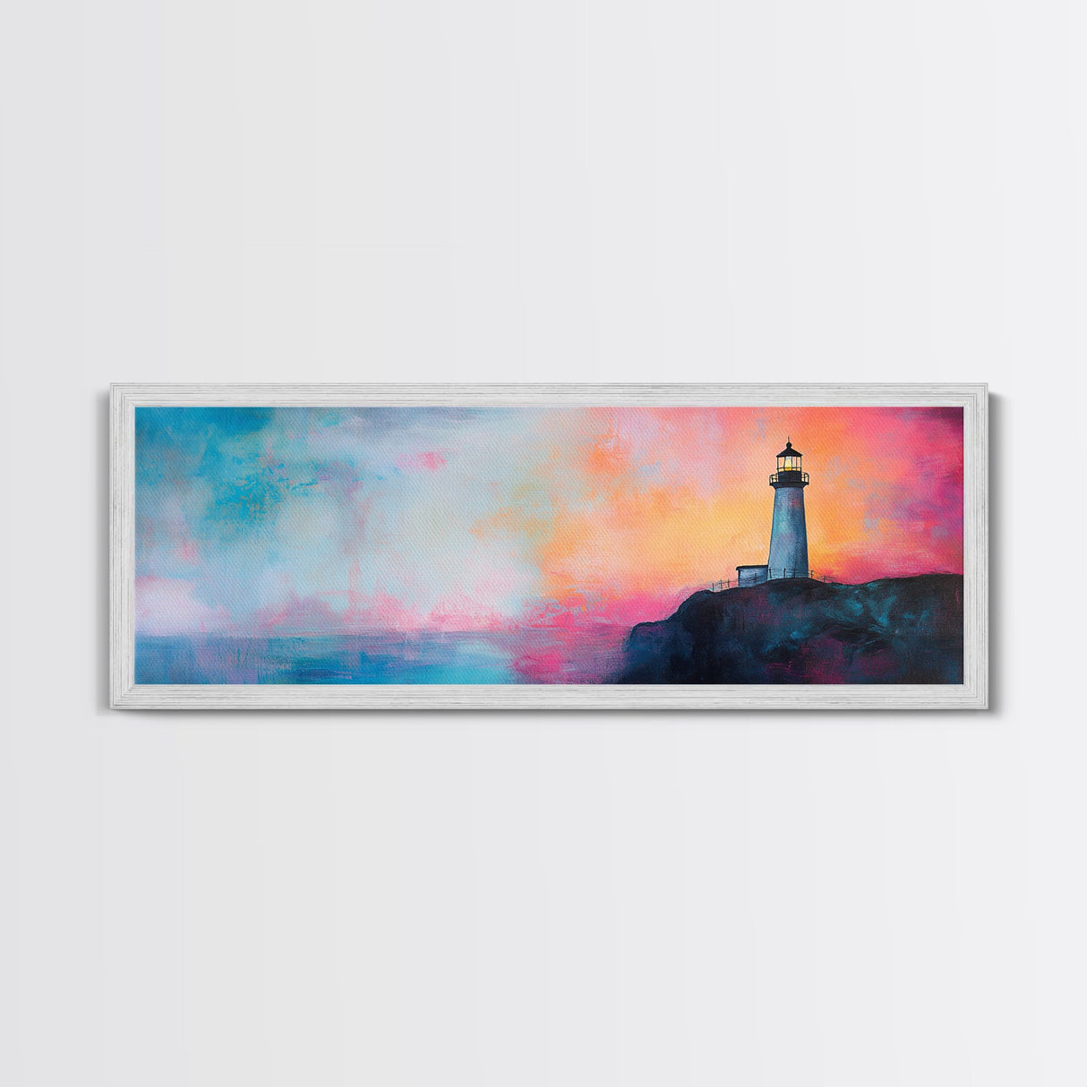 Lighthouse Sunset Canvas Print Nautical Wall Art, Vibrant Coastal Painting, Pink and Blue Seascape, Bedroom Decor