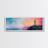 Lighthouse Sunset Canvas Print Nautical Wall Art, Vibrant Coastal Painting, Pink and Blue Seascape, Bedroom Decor