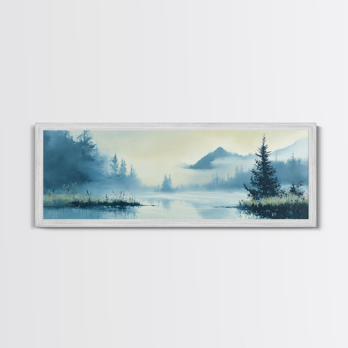 Foggy Mountain Lake Framed Canvas Print Tranquil Nature Wall Art, Misty Forest Landscape, Cool Blue Artwork, Cabin or Office Decor