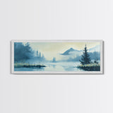 Foggy Mountain Lake Framed Canvas Print Tranquil Nature Wall Art, Misty Forest Landscape, Cool Blue Artwork, Cabin or Office Decor