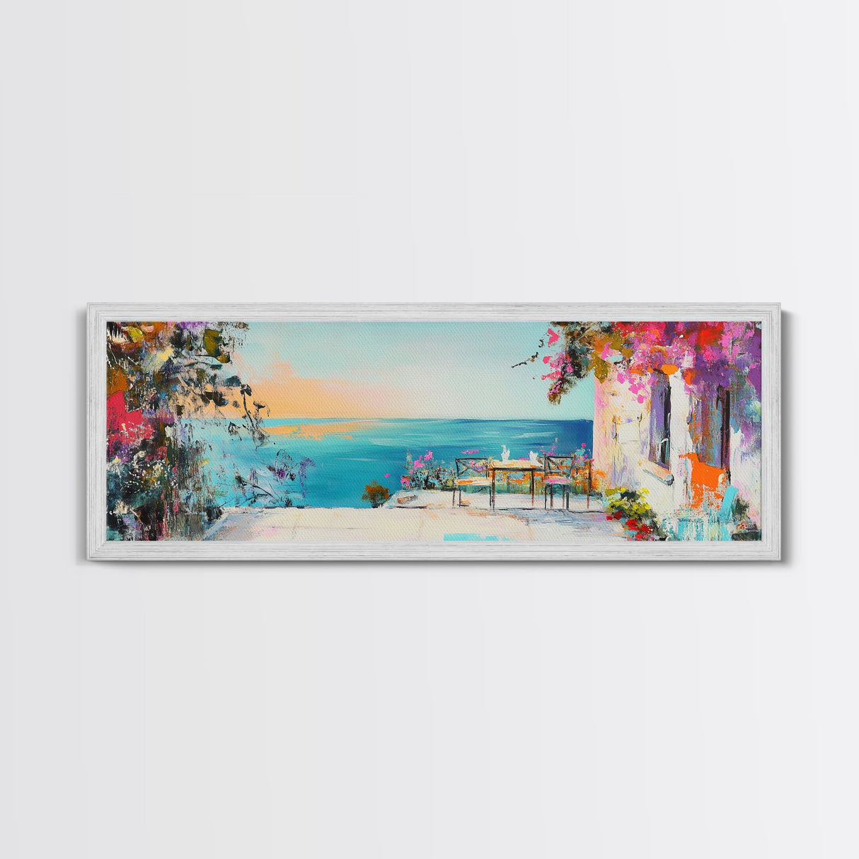 Mediterranean Patio Framed Canvas Print, Coastal Landscape Wall Art, Romantic Seaside Painting, Dining Room Decor, Boho Art