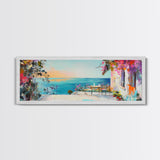Mediterranean Patio Framed Canvas Print, Coastal Landscape Wall Art, Romantic Seaside Painting, Dining Room Decor, Boho Art