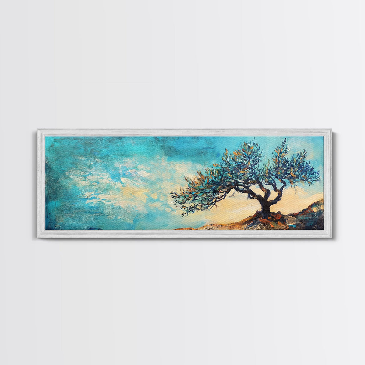 Windswept Tree Landscape Wall Art, Minimalist Nature Painting, Serene Sky Artwork, Zen Meditation Room Decor, Earthy Tones