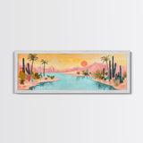 Desert Oasis Landscape Wall Art, Cactus and Palm Trees Painting, Boho Sunset Artwork, Southwest Home Decor, Warm Pink Art