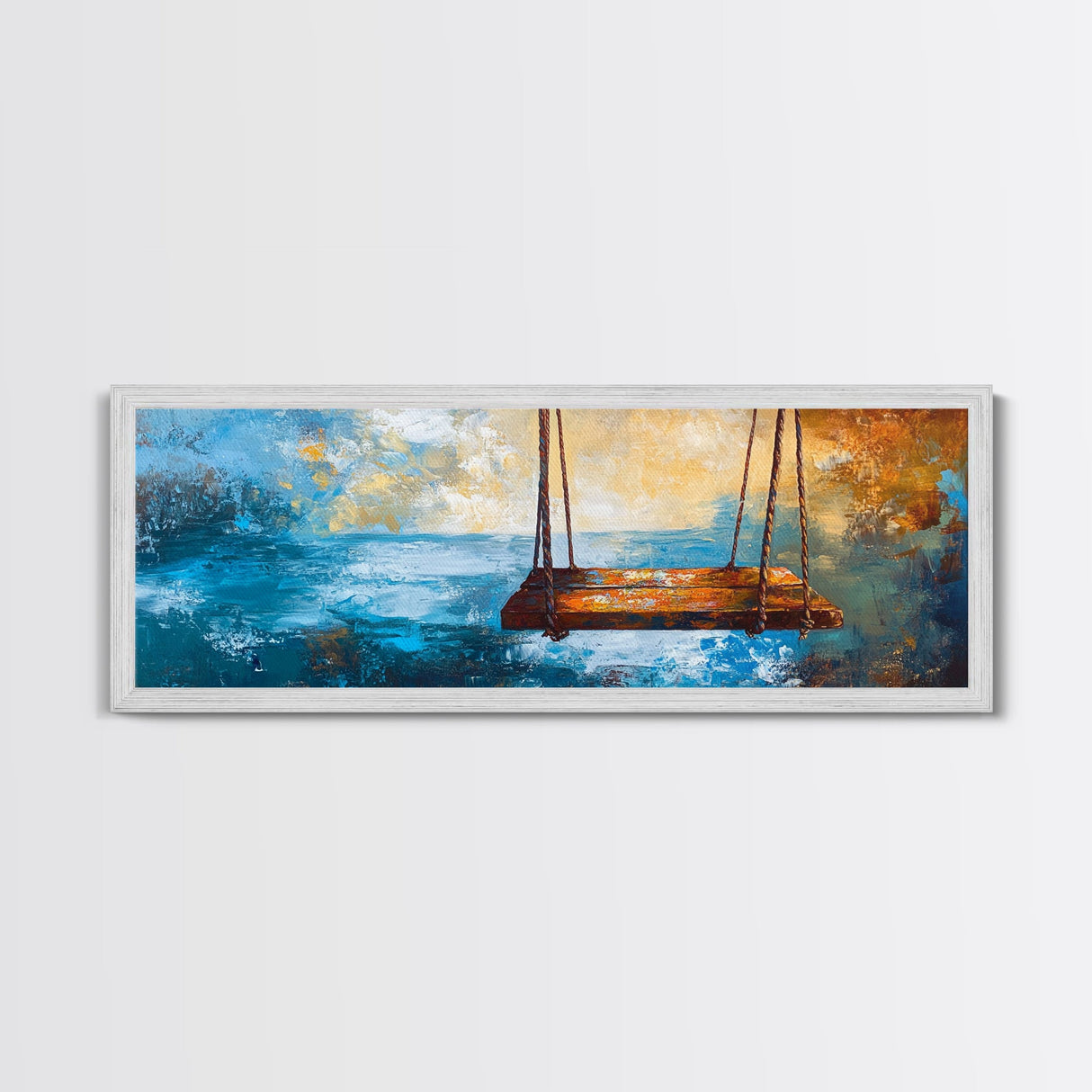 Rustic Wooden Swing by the Ocean, Serene Beach Wall Art, Tranquil Coastal Decor, Dreamy Blue and Gold Painting, Bedroom Artwork