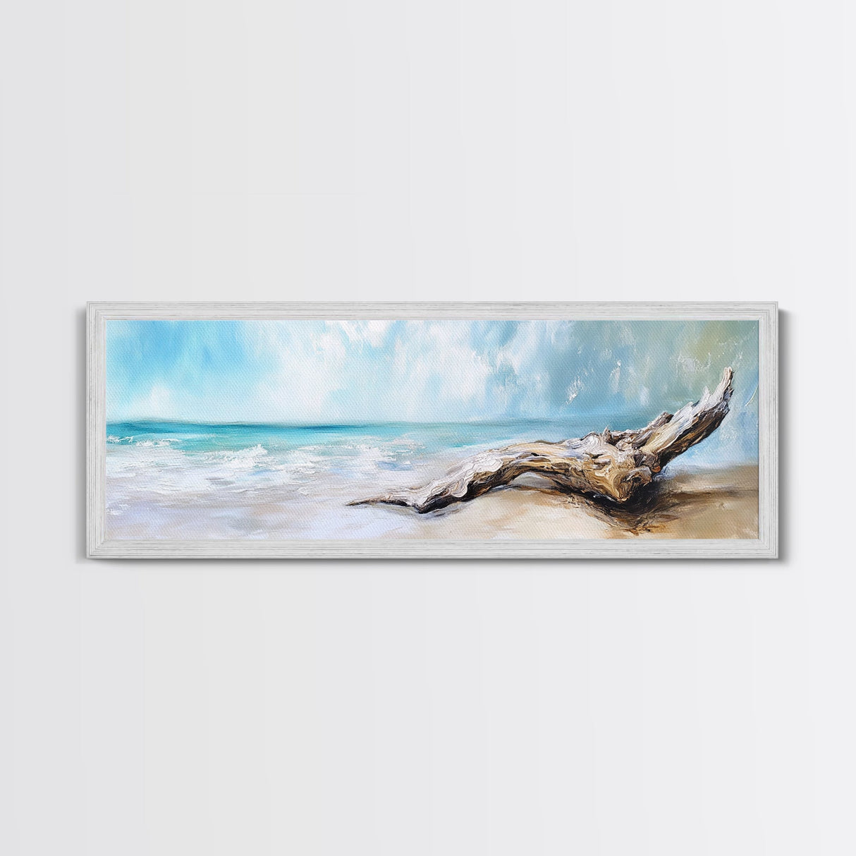Driftwood on the Beach, Tranquil Coastal Landscape Wall Art, Serene Ocean Painting, Minimalist Seascape Decor, Relaxing Artwork