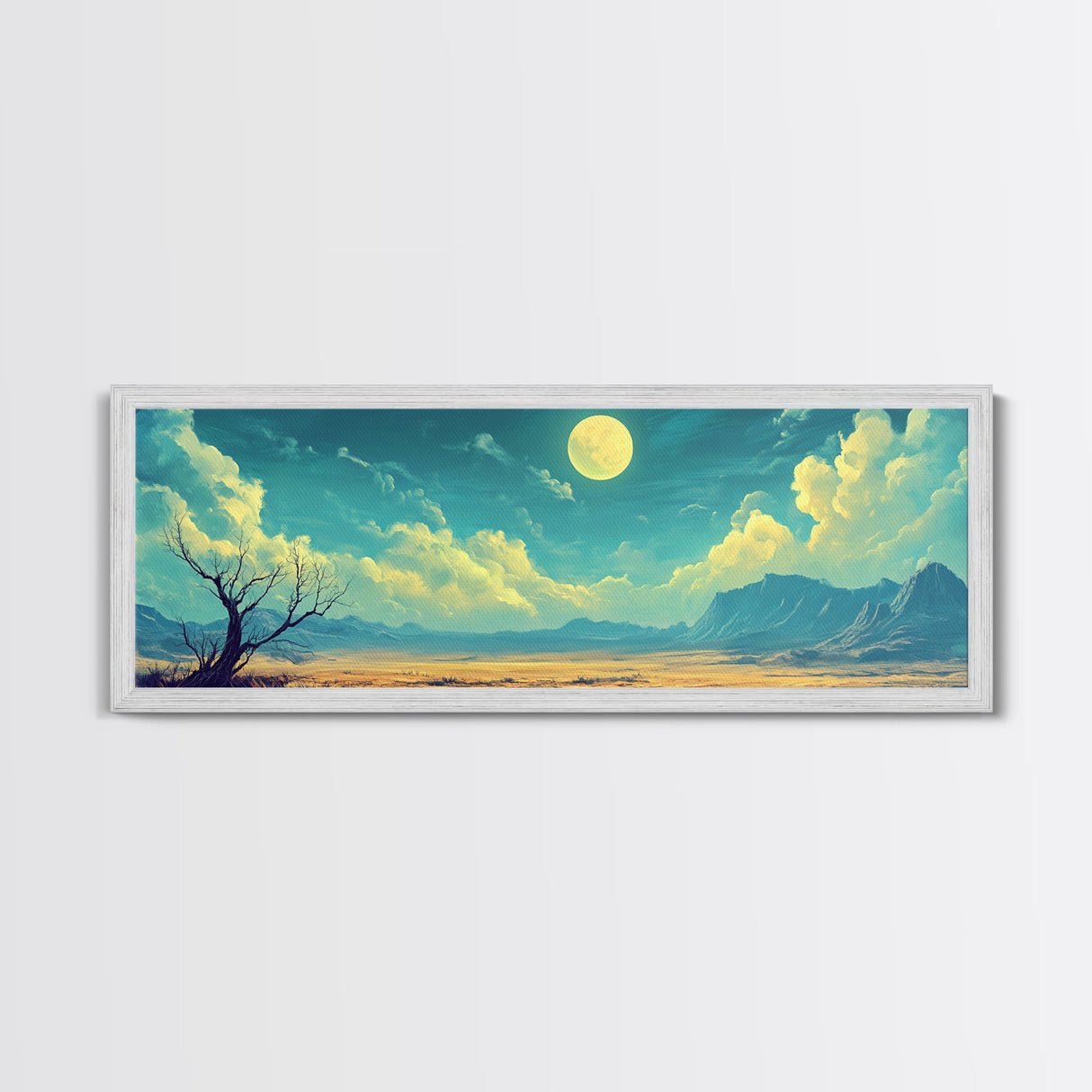 Moonlit Desert Nightscape, Mystical Blue and Gold Landscape Art, Dreamy Celestial Wall Decor, Surreal Nature Painting
