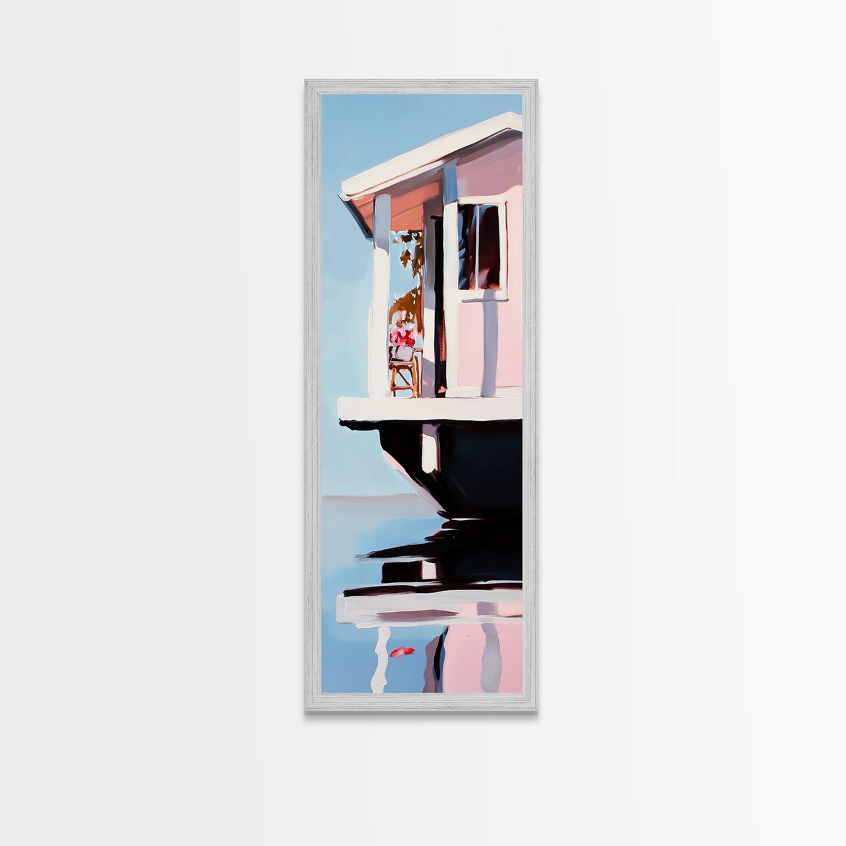 Houseboat Reflection, Nautical Canvas Print, Modern Coastal Wall Art, Serene Home Decor, Minimalist Living Room Artwork, Ocean Aesthetic