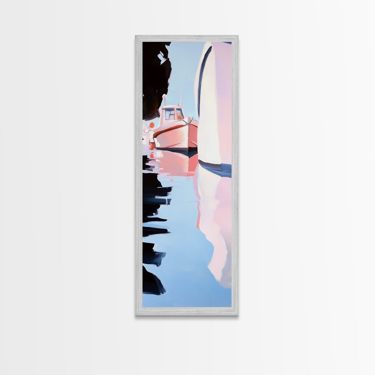 Harbor Reflections, Nautical Wall Art, Coastal Painting, Blue and Pink Decor, Ocean Home, Minimalist Seascape, Framed Canvas Print
