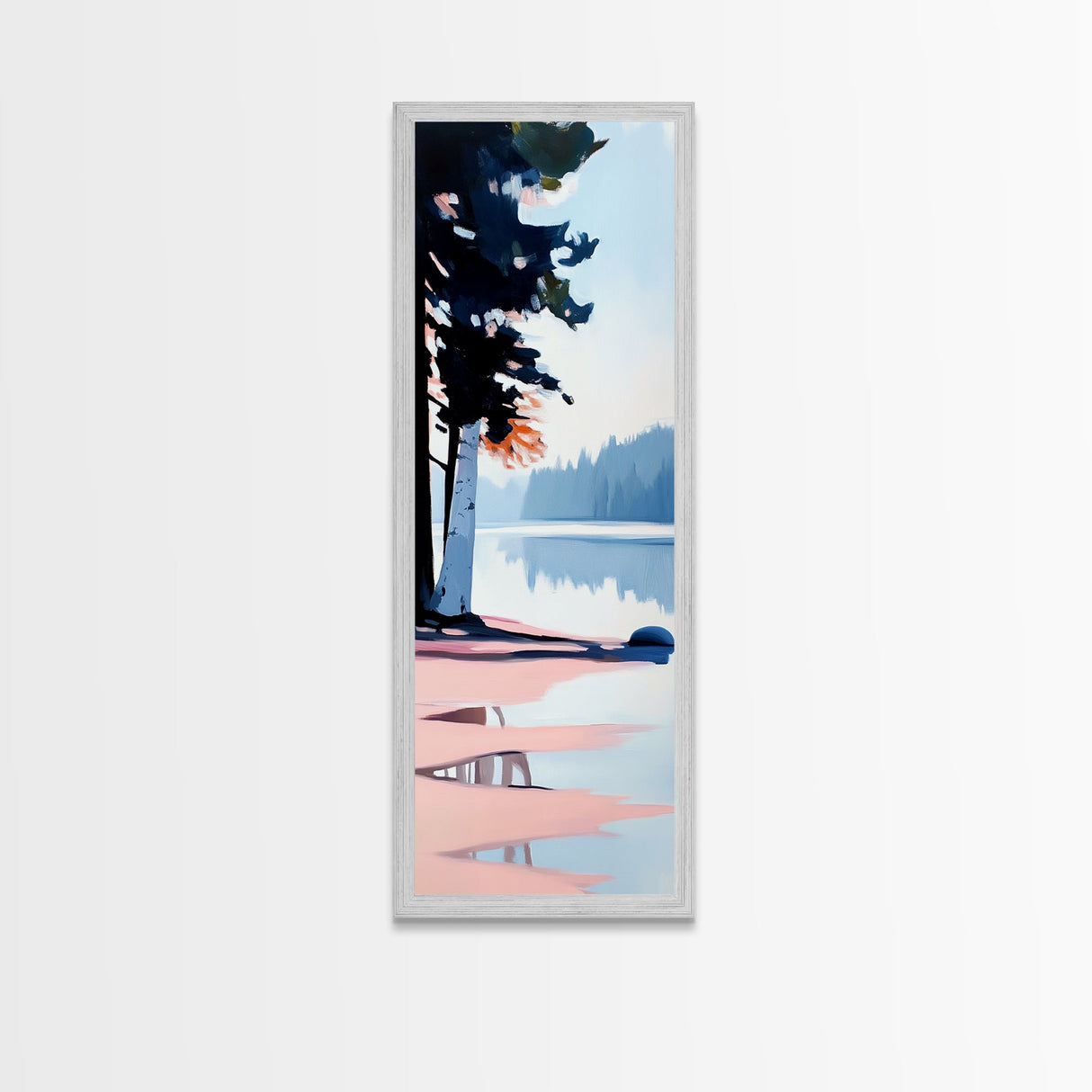 Misty Forest View, Tranquil Lake Painting, Atmospheric Nature Art, Minimalist Tree Reflection, Cozy Cabin Decor, Framed Canvas Print