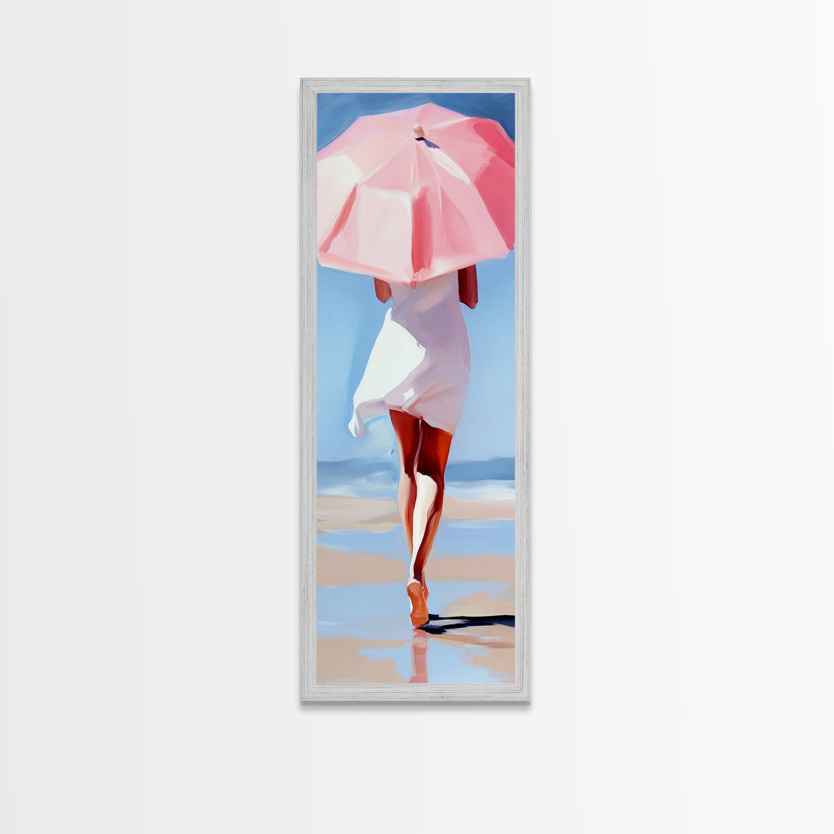 Woman with Umbrella, Summer Vibes, Framed Canvas Print, Coastal Minimalist, Soft Pastel Art, Relaxing Wall Art, Living Room Decor