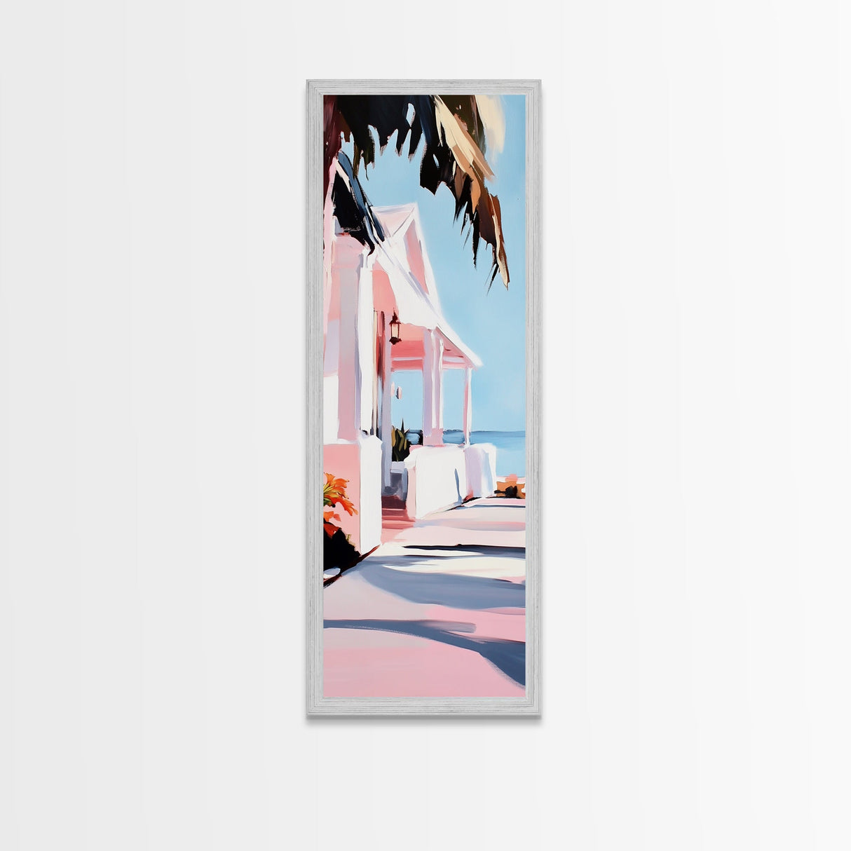 Beach House, Oceanfront Living, Coastal Home, Framed Canvas Print, Tropical Wall Art, Soft Pastel Aesthetic, Living Room Wall Art