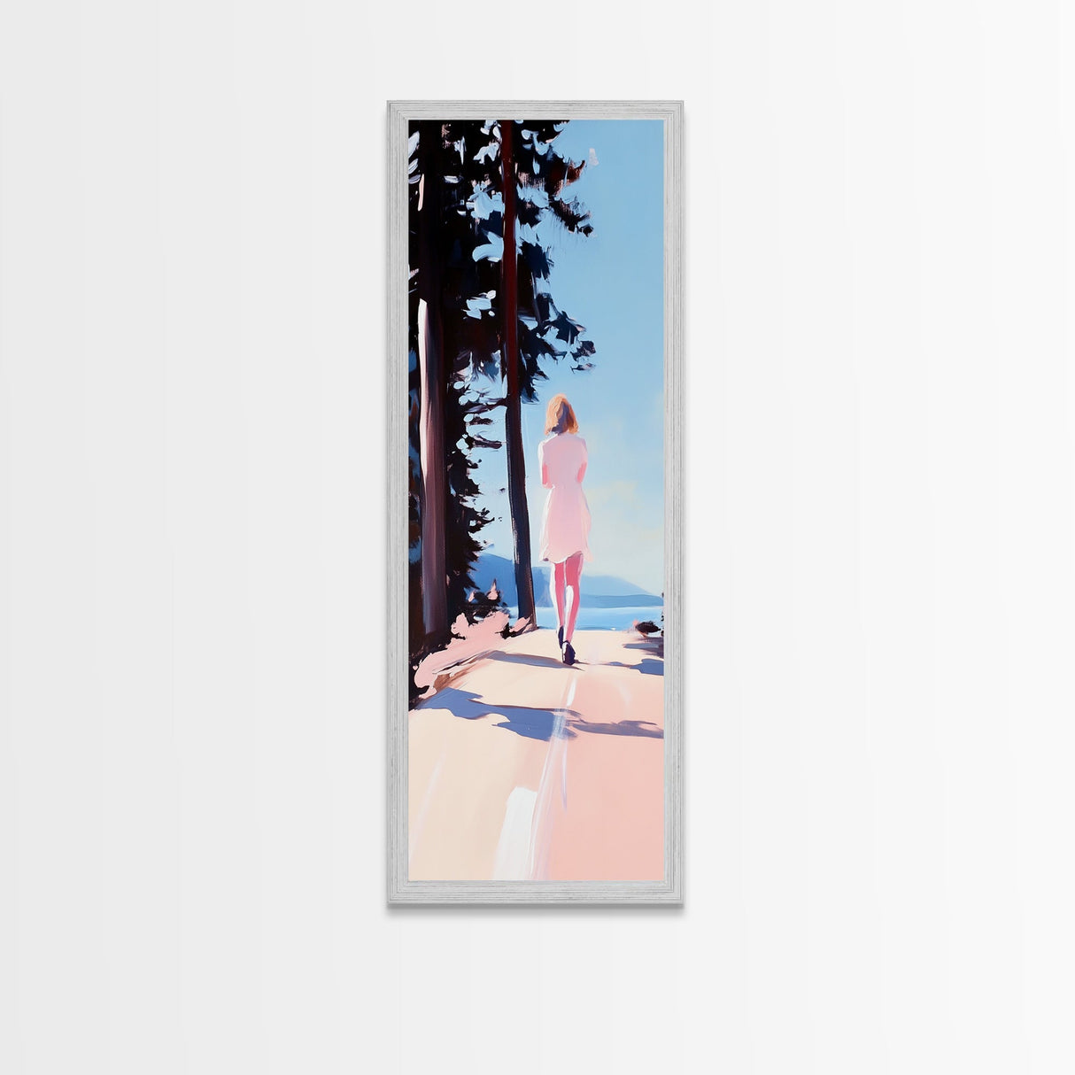 Walking Alone, Pink Dress, Scenic Art, Framed Canvas Print, Minimalist Wall Art, Nature Painting, Bedroom Decor, Boho Art, Gift