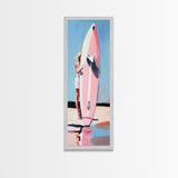 Surfboard Girl, Summer Beach, Coastal Aesthetic, Canvas Print, Boho Wall Art, Minimalist Painting, Living Room Decor, Gift, Pastel