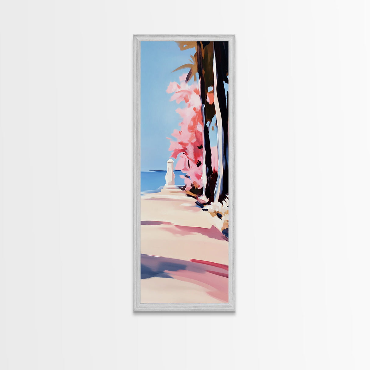 Coastal Walk, Pink Blossom, Vibrant Tree Art, Canvas Print, Beach Pathway, Spring Landscape, Serene Wall Art, Living Room Decor