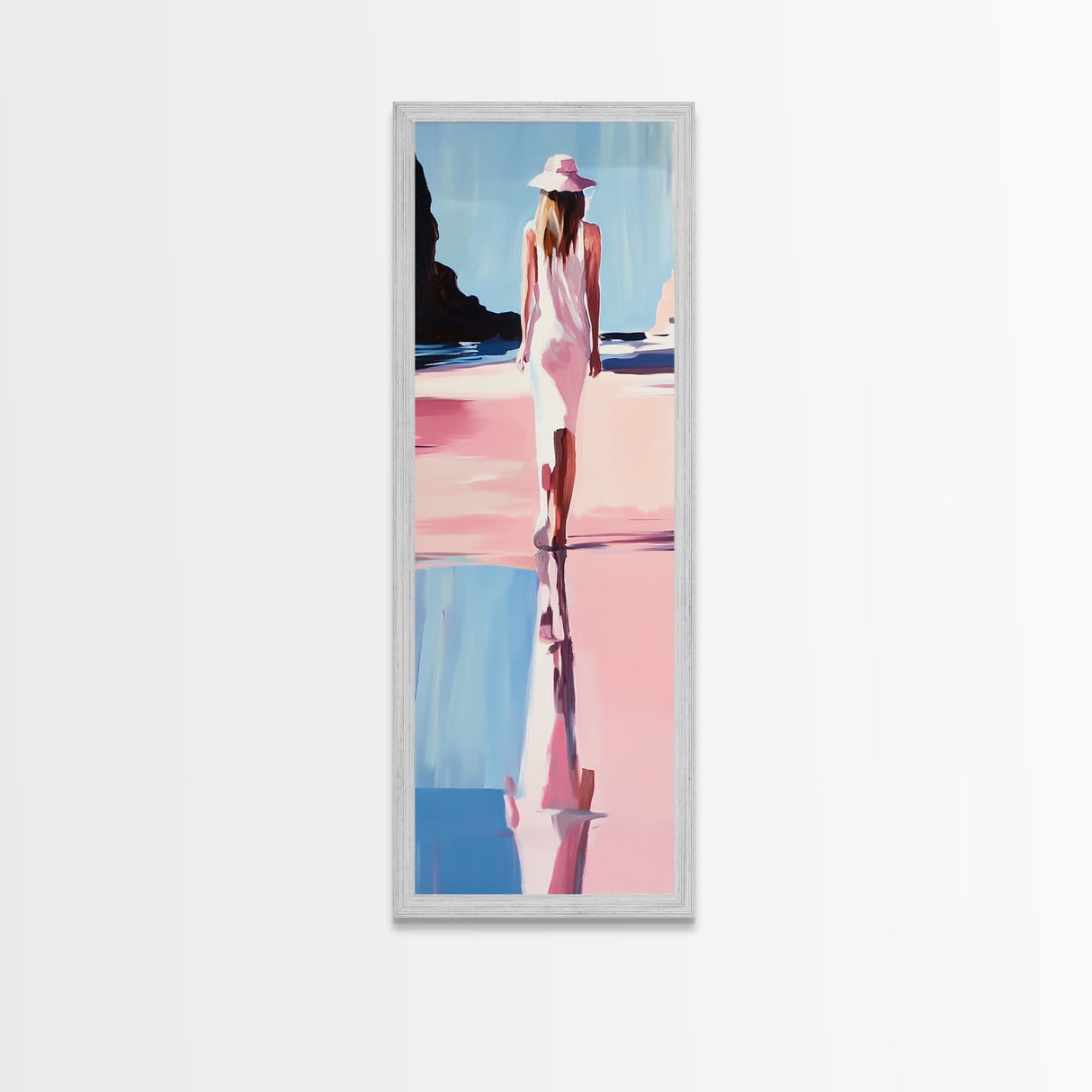 Woman in White, Beach Walk, Elegant Minimalist Art, Framed Canvas Print, Feminine Aesthetic, Living Room Art, Pastel Color Palette