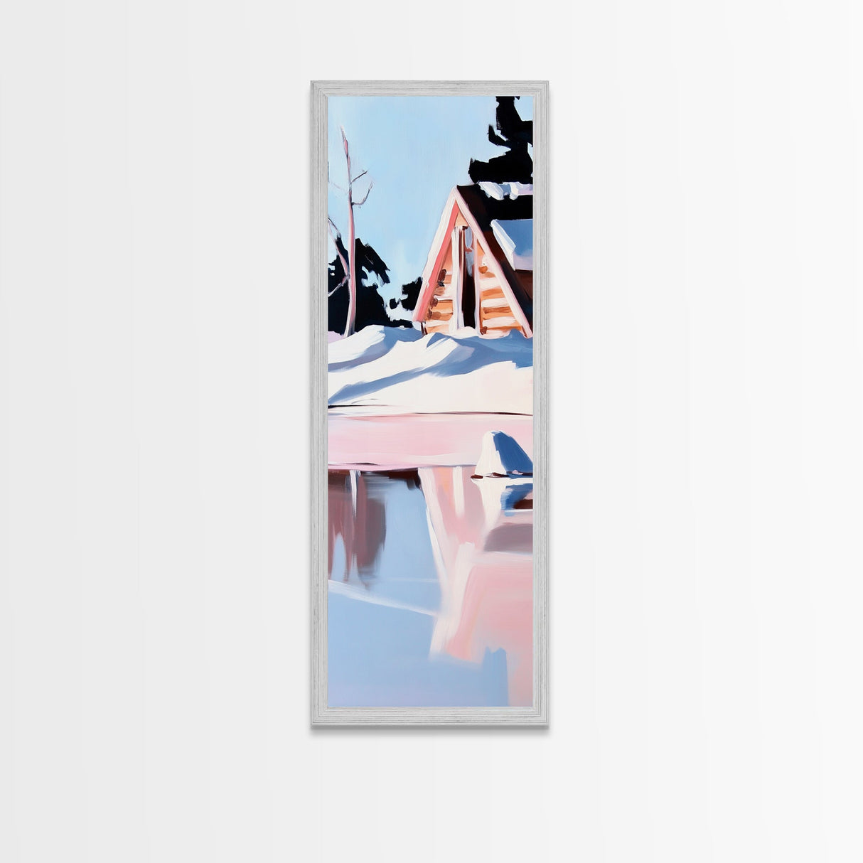 Winter Cabin, Snowy Reflections, Framed Canvas Print, Cozy Rustic Wall Art, Nordic Aesthetic, Minimalist Landscape, Bedroom Decor