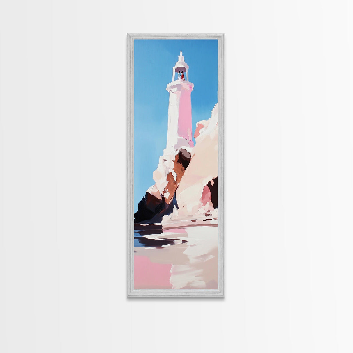 Lighthouse Art, Coastal Wall Decor, Nautical Painting, Ocean Wall Art, Minimalist Seascape, Blue Sky Print, Framed Canvas Print