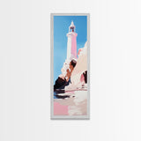 Lighthouse Art, Coastal Wall Decor, Nautical Painting, Ocean Wall Art, Minimalist Seascape, Blue Sky Print, Framed Canvas Print