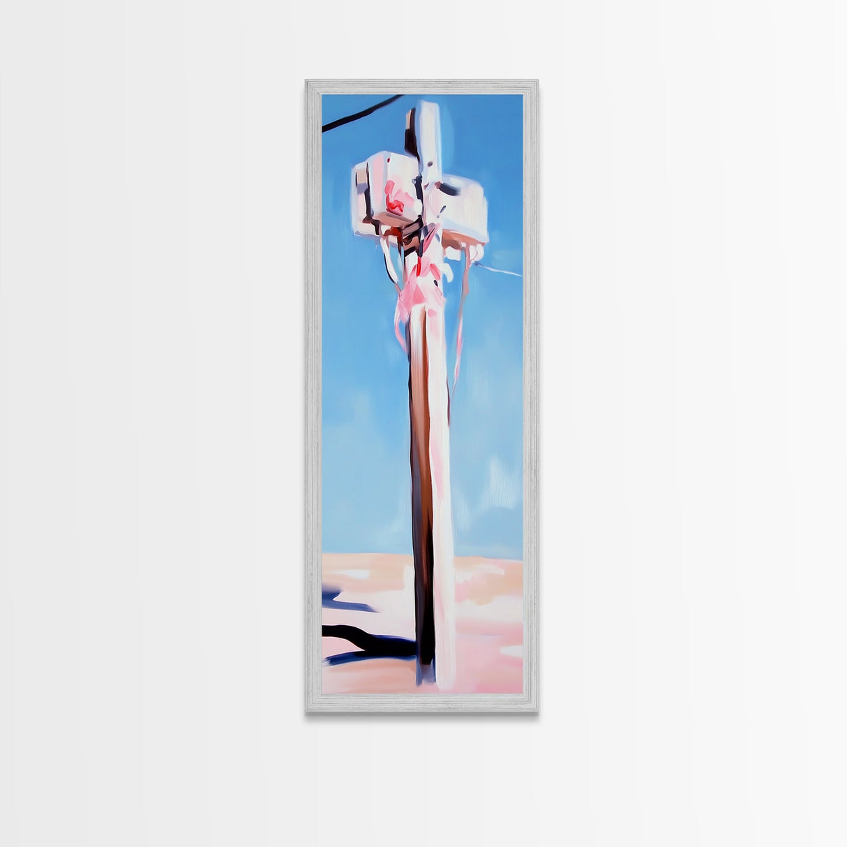 Coastal Utility Pole, Minimalist Beach Art, Soft Pastel Aesthetic, Sky Blue Landscape, Modern Wall Decor, Framed Canvas Print, Ocean Vibes