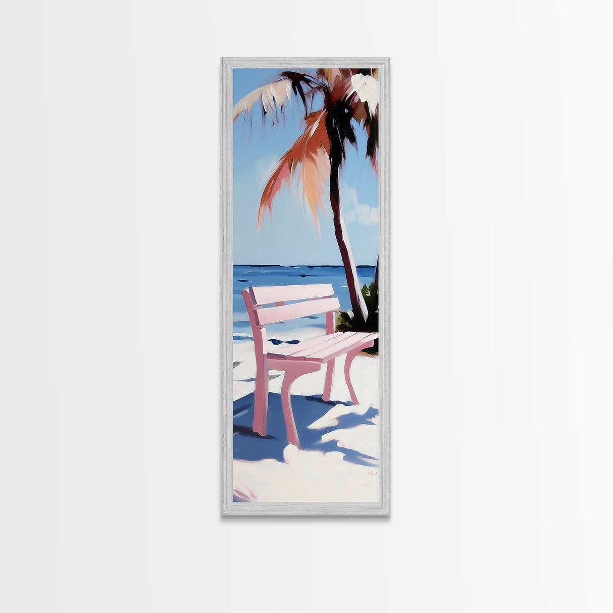 Beach Bench, Palm Tree, Ocean View, Framed Canvas Print, Coastal Wall Art, Tropical Decor, Boho Beach Art, Living Room Wall Art