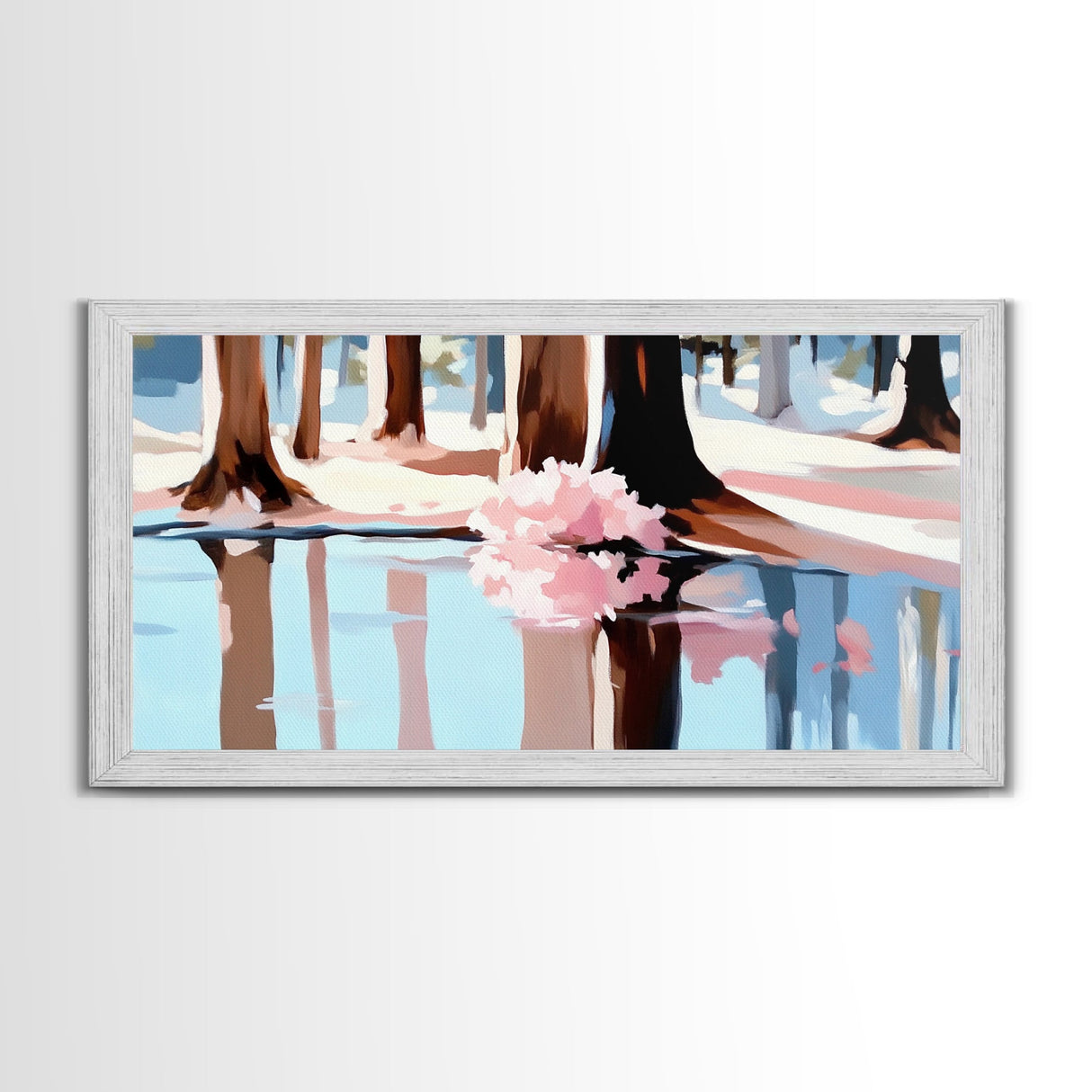 Reflection, Pink Trees, Winter, Framed Canvas Print, Modern Nature Art, Minimalist Wall Art, Cozy Home Decor, Fall Living Room Art