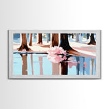 Reflection, Pink Trees, Winter, Framed Canvas Print, Modern Nature Art, Minimalist Wall Art, Cozy Home Decor, Fall Living Room Art