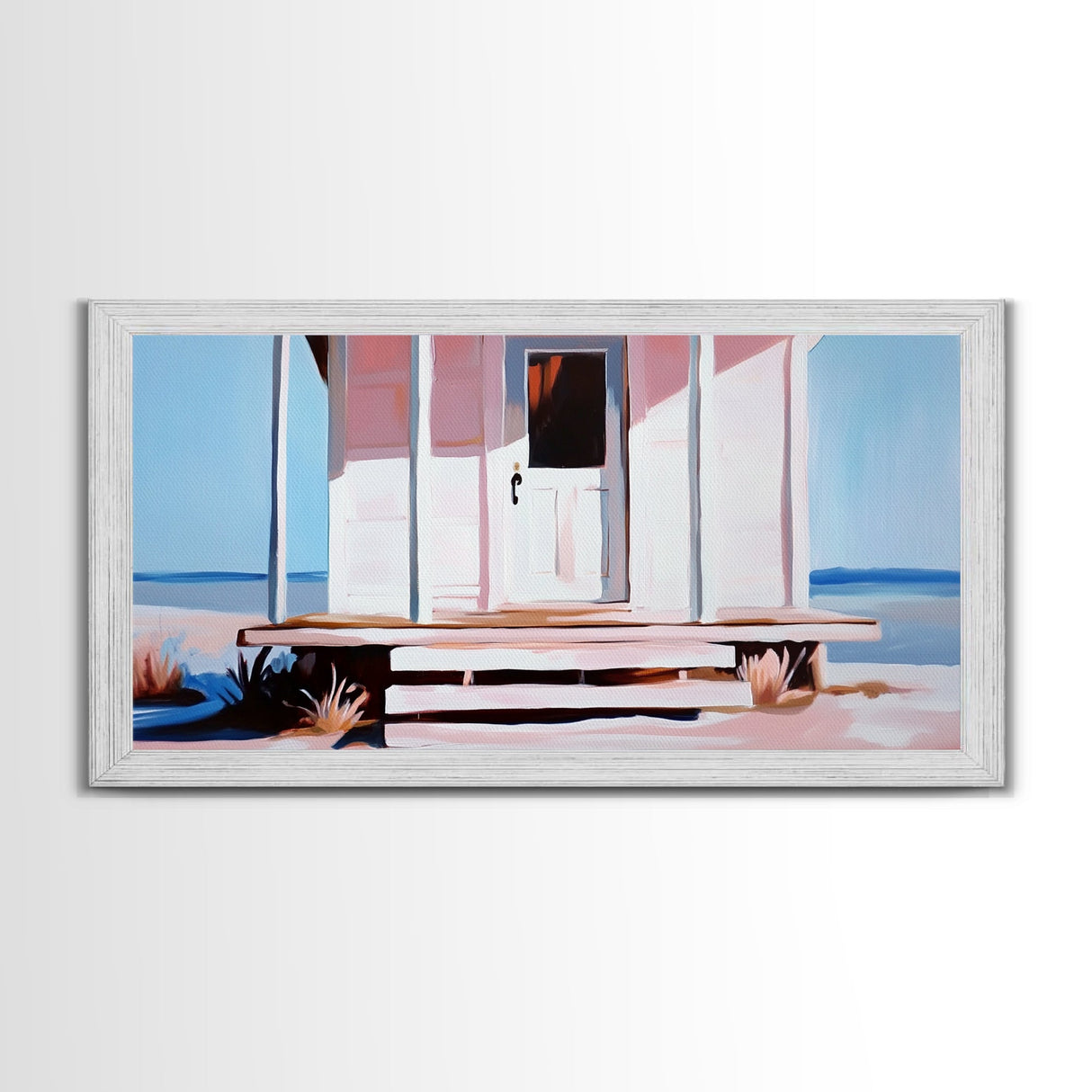White House, Oceanfront, Rustic, Framed Canvas Print, Coastal Decor, Minimalist Art, Beach House Wall Art, Serene Living Room Art