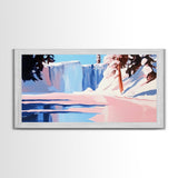 Winter Waterfall, Frozen River, Snowy Landscape, Framed Canvas Print, Minimalist Art, Living Room Wall Art, Nature Scene, Icy Blue