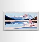 Mountain Reflection, Snowy Lake, Framed Canvas Print, Nature Wall Art, Minimalist Landscape, Living Room Decor, Blue and White Art