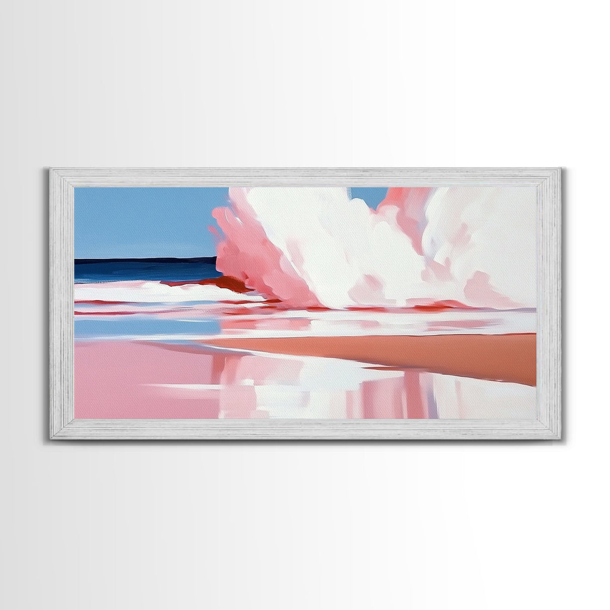 Ocean Wave, Pink Surf, Beach Reflection, Framed Canvas Print, Coastal Wall Art, Modern Minimalist Decor, Living Room Wall Art, Pastel Tones
