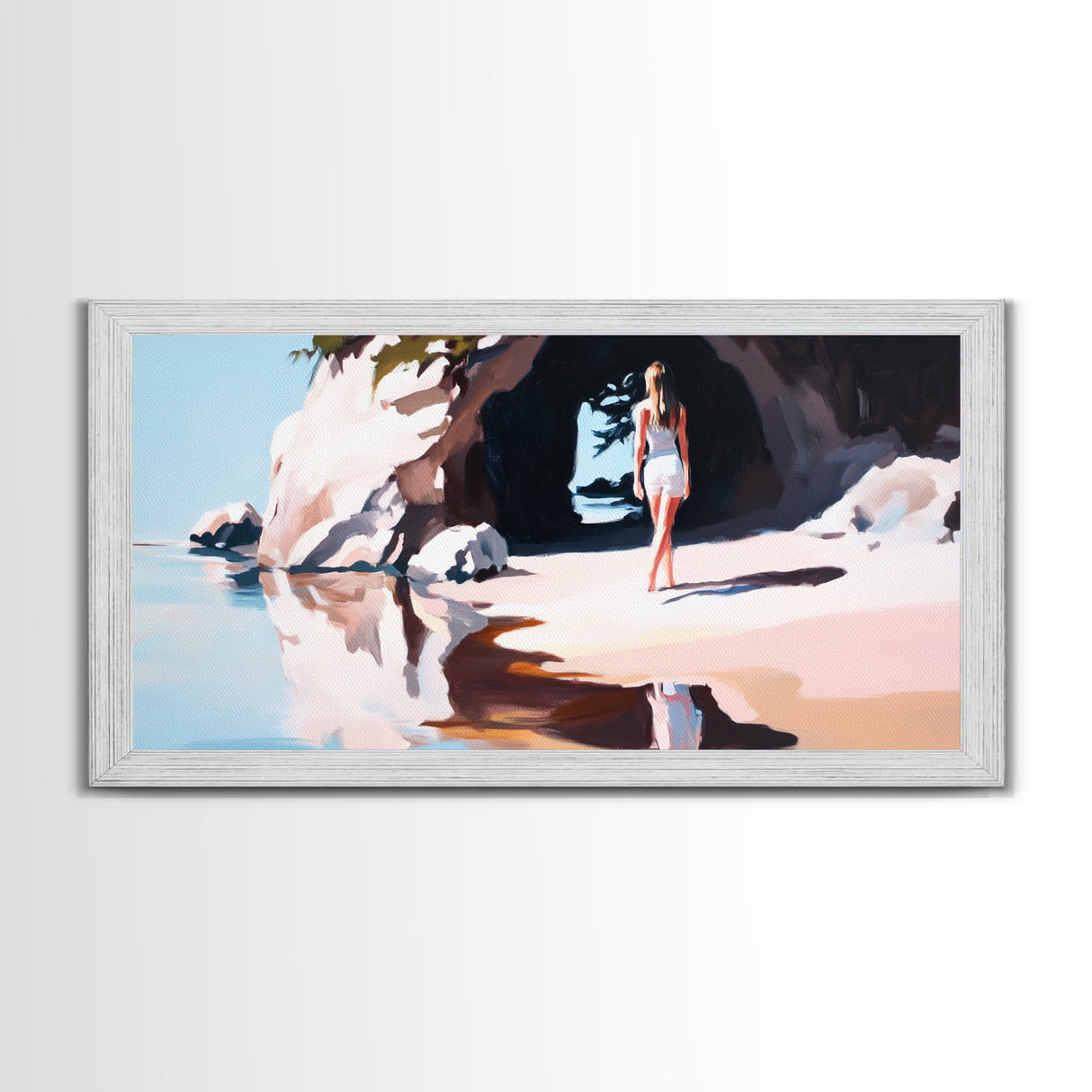 Girl In Cave, Coastal Landscape, Minimalist Art, Seascape Wall Decor, Bedroom Wall Art, Framed Canvas Print, Beach Inspired Home Decor