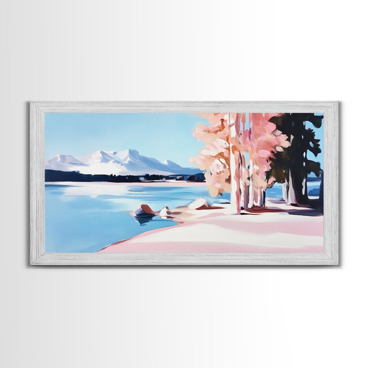 Mountain Lake, Pink Trees, Nature Art, Canvas Print, Cabin Wall Decor, Living Room Landscape, Winter Painting, Minimalist Nature Art