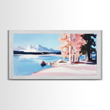 Mountain Lake, Pink Trees, Nature Art, Canvas Print, Cabin Wall Decor, Living Room Landscape, Winter Painting, Minimalist Nature Art