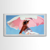 Pink Umbrella, Summer Vibes, Coastal Aesthetic, Modern Boho Art, Vibrant Pastel Decor, Bedroom Wall Art, Framed Canvas Print