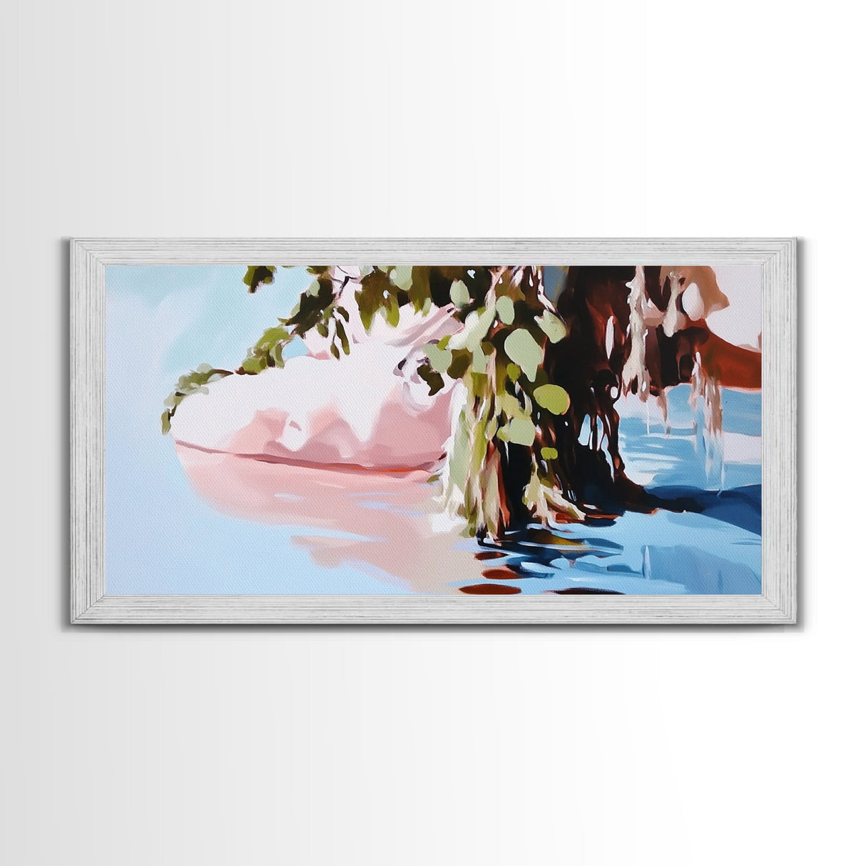 Serenity Reflections, Nature, Framed Canvas Print, Tranquil lake scene, soft pastels, modern landscape, minimalist decor, bedroom wall art