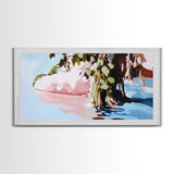 Serenity Reflections, Nature, Framed Canvas Print, Tranquil lake scene, soft pastels, modern landscape, minimalist decor, bedroom wall art