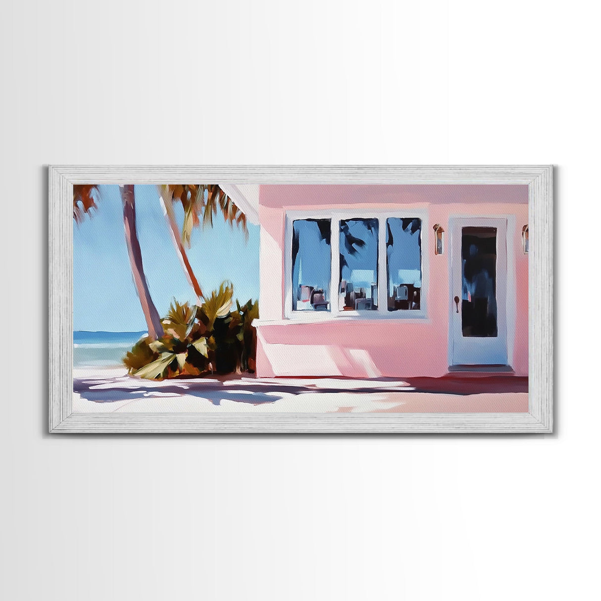 Seaside Cottage, Beach House, Coastal Living, Palm Trees, Ocean Breeze, Tropical Getaway, Minimalist Art, Nautical Theme, Canvas Print