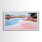 Tree on Shore, Lake Art, Natural Beauty, Rustic Decor, Tranquil Scene, Blue and Pink Palette, Serene Wall Art, Modern, Canvas Print