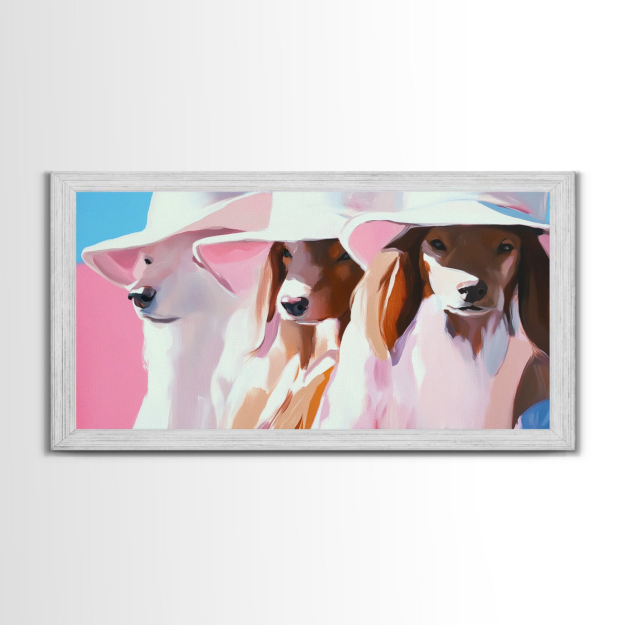 Stylish Dogs, Trendy Animal Art, Pink Aesthetic Print, Modern Pet Portrait, Whimsical Wall Art, Playful Decor, Framed Canvas Print