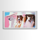 Stylish Dogs, Trendy Animal Art, Pink Aesthetic Print, Modern Pet Portrait, Whimsical Wall Art, Playful Decor, Framed Canvas Print