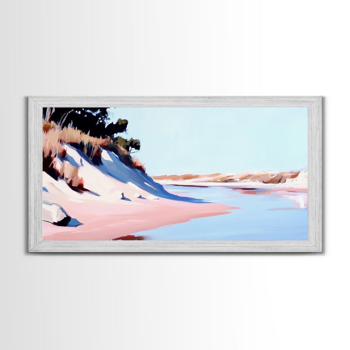 Sandy Riverbank, Minimalist Nature Art, Soft Pastel Landscape, Warm Earthy Print, Rustic Home Decor, Boho Wall Art, Framed Canvas Print