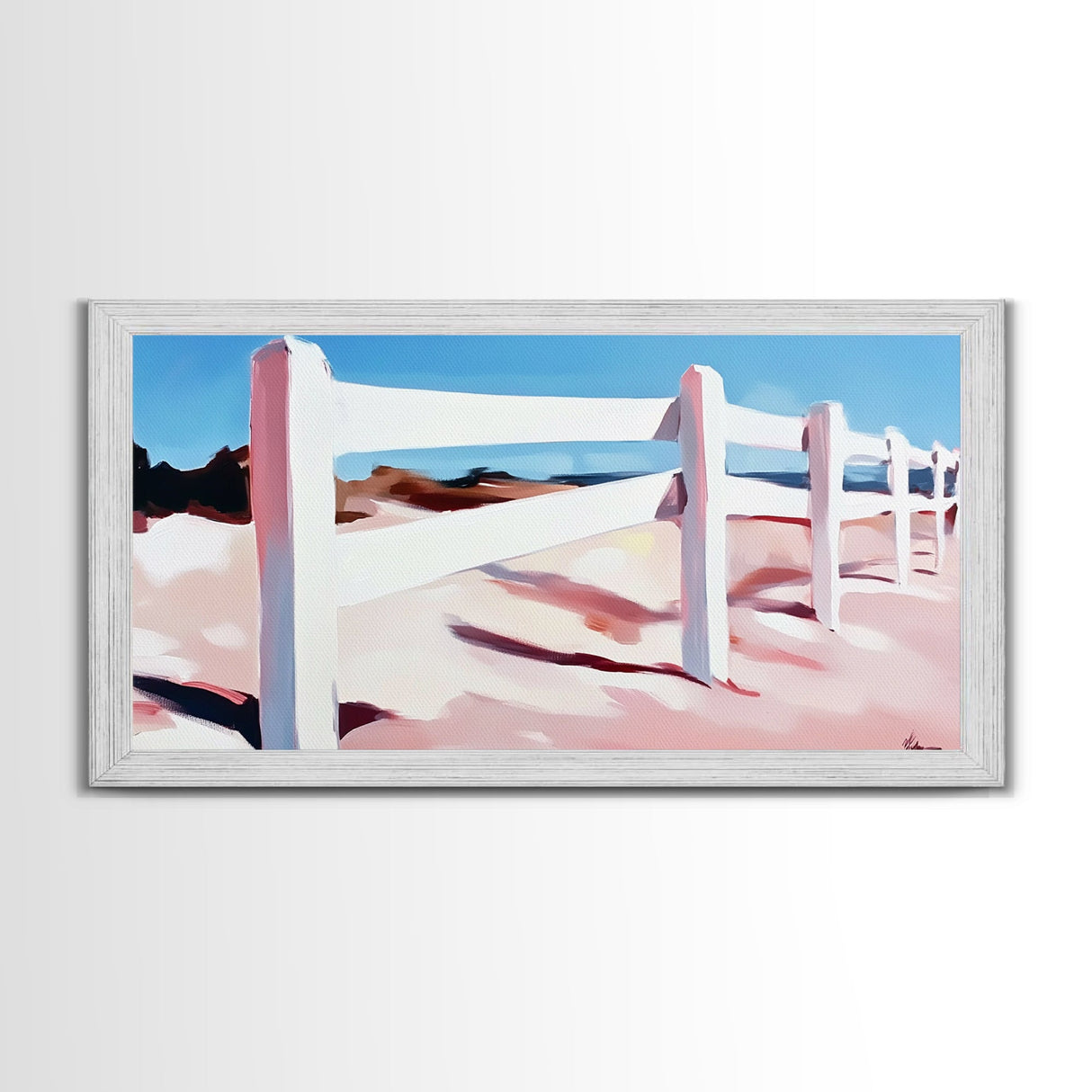 White Fence, Coastal Landscape, Pastel Beach Art, Framed Canvas Print, Minimalist Wall Decor, Ocean View Painting, Summer Art