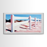 White Fence, Coastal Landscape, Pastel Beach Art, Framed Canvas Print, Minimalist Wall Decor, Ocean View Painting, Summer Art