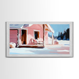 Pink Cabin, Winter Landscape Art, Cozy Home Decor, Framed Canvas Print, Rustic House Painting, Christmas Wall Art, Snowy Scene