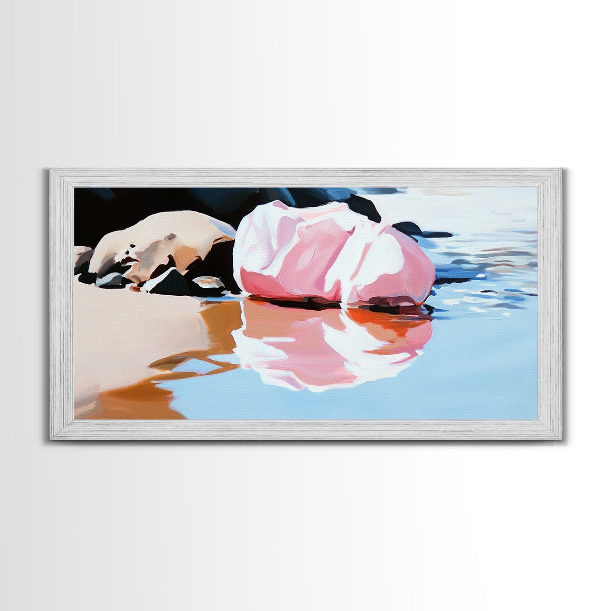 Pink Rock, Water Reflection, Framed Canvas Print, Minimalist Landscape, Nature Aesthetic, Serene Home Decor, Modern Art, Office Wall