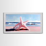 Starfish on Beach, Coastal Wall Art, Ocean Inspired Decor, Nautical Framed Canvas Print, Blue and Pink Summer Vibes Artwork