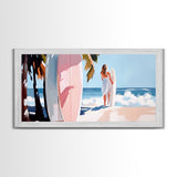 Surfer Girl, Coastal Art, Framed Canvas Print, Beach Wall Decor, Tropical Aesthetic, Ocean Painting, Summer Vibes, Modern Home Art